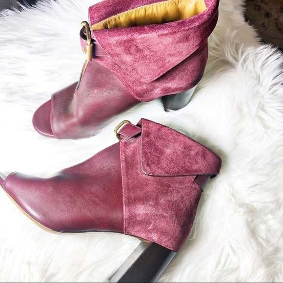 CHLOÉ Burgundy Red Suede Foldover Chunky Heel Booties, Size 38 - Picture 4 of 14